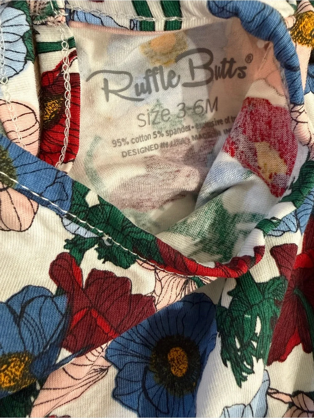 Rufflebutts Floral Bodysuit Dress Top - White with Red, Blue & Green Flowers
